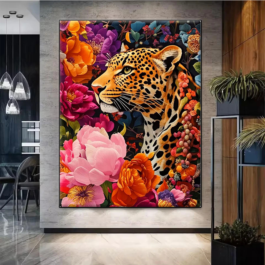 Resin Art Painting - Diamond Painting Animal Leopard Flower Art