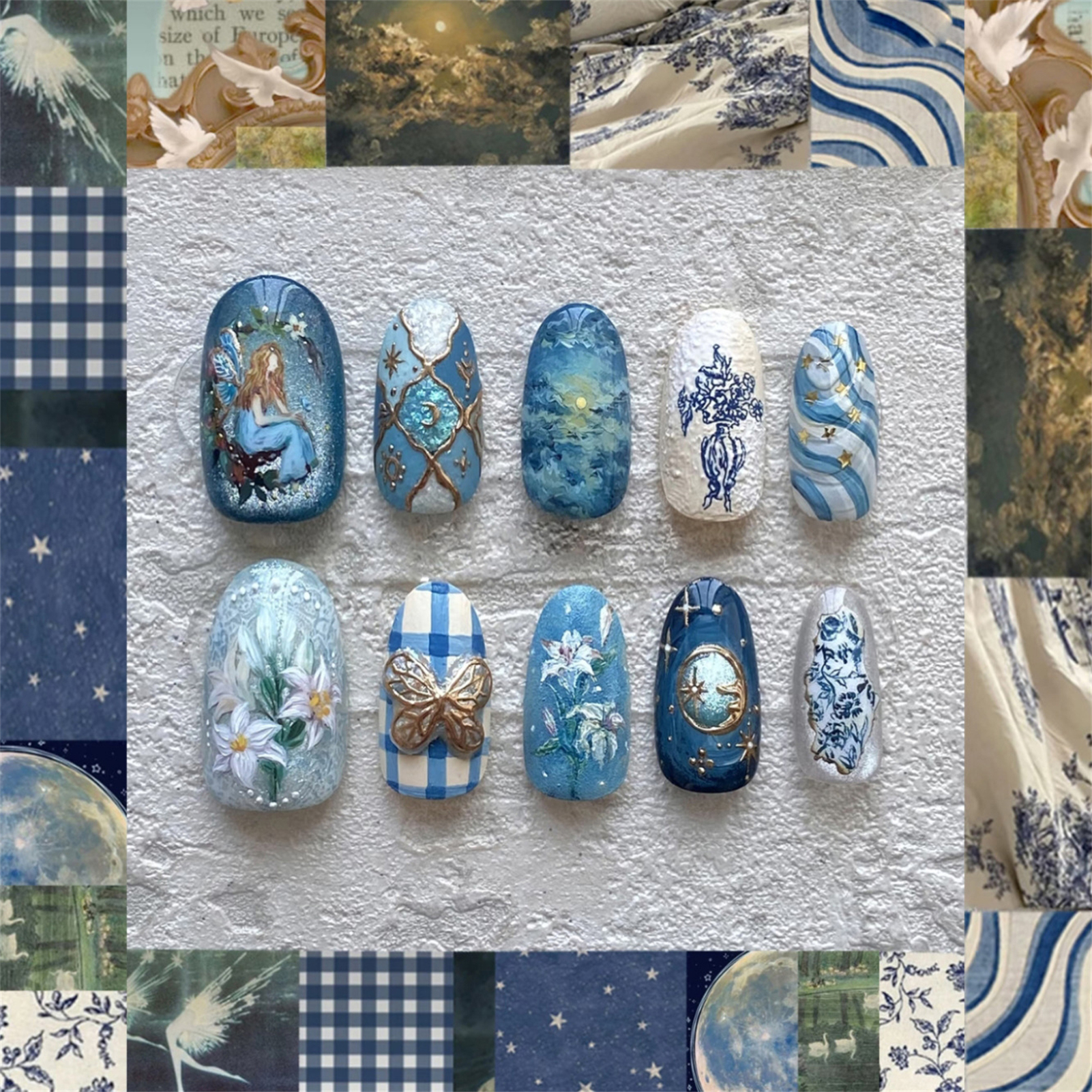 Resin Art Flowers - 24pcs Vintage Garden Fake Nails Almond